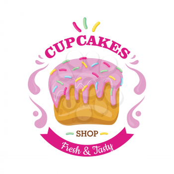 Cupcake fresh and tasty shop. Cupcake with pink flowing topping and small colourful confetti. Isolated confectionery illustration with candies. Flat design. Simple cartoon style. Vector illustration