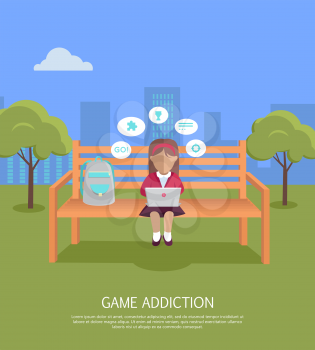 Game addiction banner. Girl whis laptop sitting on wooden bench in the park. Girl with dialog window. Girl using laptop. Urban cityscape with girl, park, bench, trees, blue sky and white clouds.