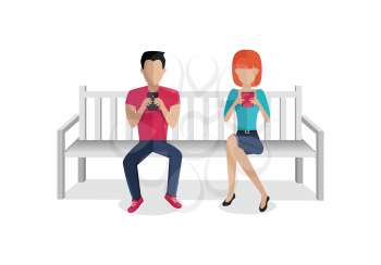 Internet addiction concept vector. Flat design. Man and woman seating on bench with mobile phones in hands. People online communication picture for infographics, web design. Isolated on white.