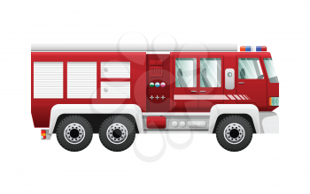 Transport. Isolated red fire truck on six wheels. Fire-engine with six doors. Detailed image of firefighting vehicle. Main device of firefighters in cartoon style. Side view. Flat design. Vector
