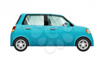 Transport. Illustration of small blue automobile. Four-wheeled car with fuel economy. Four doors. Silver discus. Convenient mean of transportation in simple cartoon design. Side view. Vector