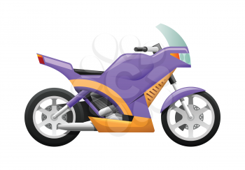 Sport violet motorcycle with wavy orange lines isolated on white. Speed mean of transportation in cartoon style. Front clear glass. Safe urban vehicle. Side view. Flat design. Vector illustration