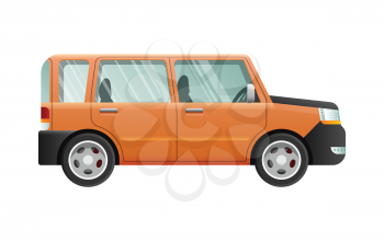 Orange jeep with clear glasses isolated on white. Speed mean of transportation. Isolated four-wheeled vehicle in simple cartoon style. Flat design. Four doors. Front and back headlights. Vector