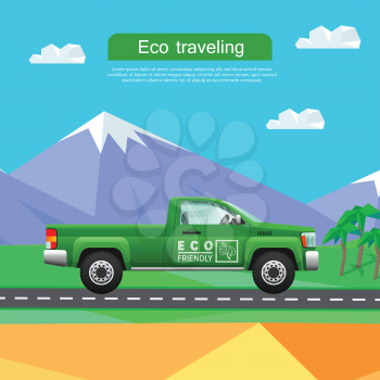 Transport. Picture of isolated green classical pickup near mountains. Ecologically clean car driving down road. Cheap mean of transportation. Four-wheeled automobile in cartoon style. Vector