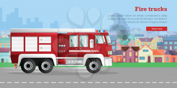 Fire trucks banner. Modern fire engine rides on fire, town buildings, smoke flat vector illustrations. Fire apparatus, fire appliance concept. For firefighting company, fire department web page design