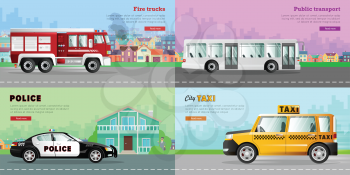 Transport. Collection of four auto pictures. Urban public transport in city. White long passengers bus. Red fire truck on six wheels. Police car near bank. Taxi on road. Simple cartoon design. Vector