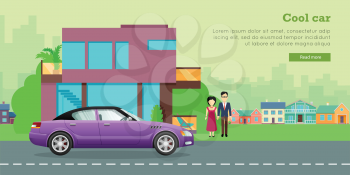 Family transport banner. Family couple standing near modern house and sedan flat vector illustrations. Buying new car for family needs. Personal transport. For car dealer, shop landing page design
