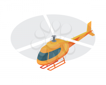 Flying helicopter isometric projection icon. Orange aircraft with propeller vector illustration isolated on white background. For game environment, transport infographics, logo, web design