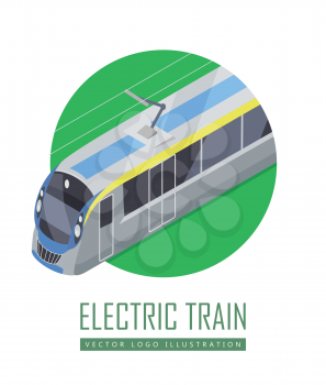 Tramway isometric projection icon. Green electric tram vector illustration isolated on white background. City public transport. For game environment, urban infographics, logo, web design