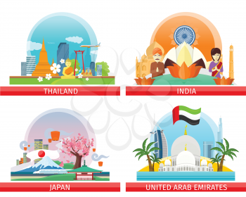 Web buttons travelling to Japan, Thailand, India, United Arab Emirates. Set of traveling advertisement banners. Landmarks of the well known asian places of interest. Vector illustration