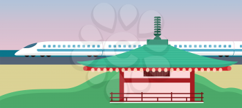 Asia vector concept. Ancient eastern architecture and modern technology contrast. Traditional japanese pagoda or buddhist temple building and hight-speed train flat illustrations. For tourism ad