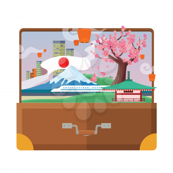 Traveling to Japan concept in suitcase. Flat style. Vacation journey in Asia. City landscape, mount Fuji, air lanterns, sakura, pagoda, train. Japanese tourist attractions. For travel company ad