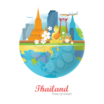Thailand tourism poster design with attractions on the background of the globe. Time to travel. Thailand landmark. Thailand travel poster design in flat. Travel composition with famous landmarks.
