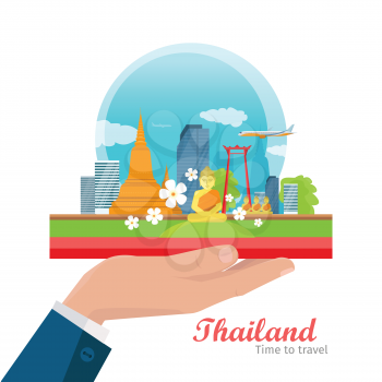 Thailand vector concept. Vacation in Asia. Flat illustration of airplane, skyscrapers, Buddhist architecture and monuments on man s hand. For travel, airline companies advertising. On white background