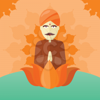 Indian man isolated on round ornate mandala. Indian sadhu with crossed hands in colorful turban and robes. Hindu sadhu monk meditating. Man from India in national yoga suit. Vector illustration