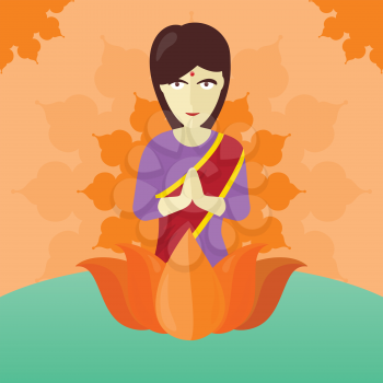 Indian woman isolated on round ornate mandala. Indian girl with crossed hands in colorful robe. Lady from India in national yoga standing behind abstract lotus flower. Vector illustration