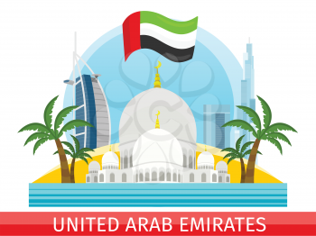 United Arab Emirates tourism poster design with attractions. Sheikh Zayed Mosque. Emirates landmark with flag. Emirates travel poster design in flat. Travel composition with famous landmarks.