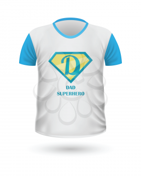 Dad superhero T-shirt front view isolated. White t-shirt. Realistic t-shirt vector in flat. Fathers day celebration concept. Casual men wear. Cotton t-shirt unisex polo outfit. Fashionable apparel.