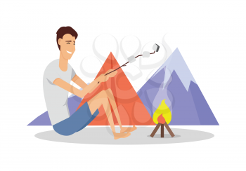 Recreational activity. Camping tent near fire and mountains on background with barbeque stick. For web banner, marketing and promotional material, presentation templates. Man cooking on fire. Vector