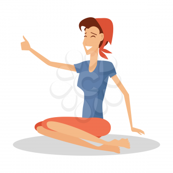 Woman sitting on the floor isolated on white background. Woman in kerchief, t-shirt and shorts. Smiling lady having rest. Camping concept. Girl at the picnic. Vector illustration in flat style.