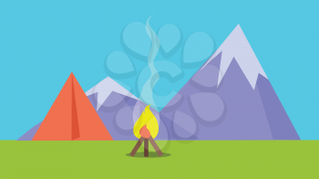 Camping tent near fire and mountains on background in flat style. Recreation activity. Can be used for web banners, marketing and promotional materials, presentation templates. Hiking concept. Vector