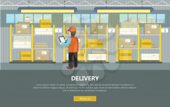 Delivery conceptual vector web banner. Flat style. Man in uniform with tablet working in warehouse. Illustration for postal online services, startups, corporate web sites, landing pages design 