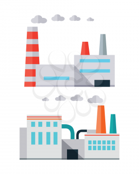 Factory building with pipes in flat. Waste recycling. Industrial factory building concept. Industrial plant with pipes. Factory icon. Isolated object in flat design on white background.