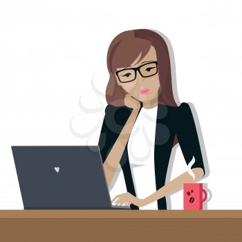 Young woman works on his laptop in office, sitting at desk, looking at computer monitor screen. Young woman in glasses personage. Vector illustration in flat design isolated on white background