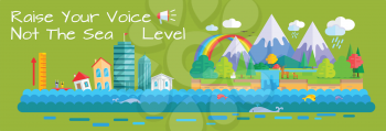 Global warming and sea level increase vector concept. Flat design. City with humans drowning by sea level rise. Beautiful nature cartoon landscape with rainbow, mountains, clods, waterfall, animals. 