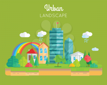 Urban landscape conceptual vector in flat design. Variety city buildings skyscraper, cottage, house, with trees, brunches and rainbow. Illustration for real estate, greening, weather concepts. 