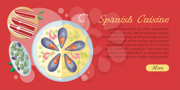 Spanish cuisine banner isolated on wooden background. Paella traditional Spanish meal with rice and seafood. Jamon dry-cured ham. Tapas appetizers, snacks. Spain food concept in flat design. Vector
