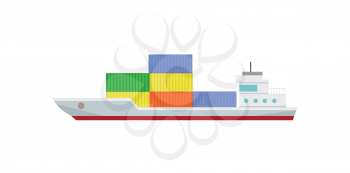 Commercial container ship in flat. Cargo ship with containers. Logistics and transportation of cargo freight ship and cargo container. Isolated object in flat design on white background.