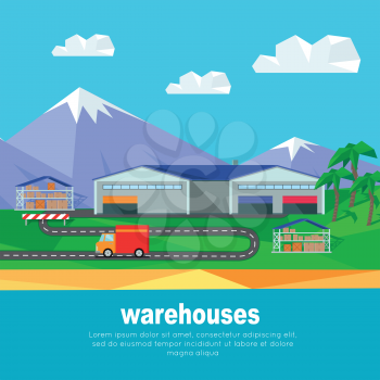 Warehouses in the mountains banner. Logistics container shipping and distribution. Transportation to any part of world. Overland delivering. Loading and unloading boxes. Vector illustration