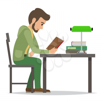 Young man reading textbook in library. Student seating at the table with open book in hands flat vector isolated on white background. Enthusiastic reader illustration for educational and hobby concept