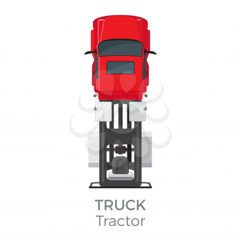 Truck tractor on red car service means of transportation isolated on white. Vector city transport icon, trailer for carriage cargos modern delivery transport item, top view on car in cartoon style