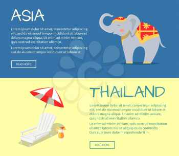 Set of Asia and Thailand web banners. Cute elephant in ornamented cape and beach chaise lounge flat vector illustrations. Horizontal concepts with Asia related symbols for travel company landing page