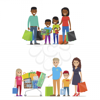 Set of happy families group portraits. Smiling father and mother standing with children, grandparents and celebrating kids birthday with friends isolated flat vector. Happy relatives illustrations