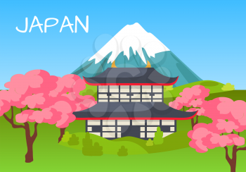 Japan touristic concept with national symbols. Japanese pagoda surrounded cherry blossoms with Fuji Mount on background flat vector.  Asian cultural, architectural and nature attractions illustration