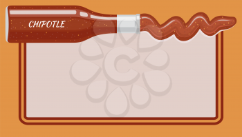 Mexican chipotle lying bottle with poured out sauce vector card for some notes. Glass transparent horizontal bottle with inscription name of dressing and space on light background under picture.