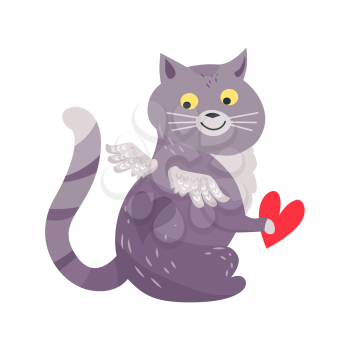 Cat with angel wings holding red heart isolated on white. Funny kitten with heart on back. Valentine s Day greeting card design with cute cartoon animal. Vector illustration love concept in flat style
