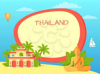 Thailand touristic banner with national symbols and copyspace. Thai cultural, architectural and nature attractions flat vector illustration. Vacation in exotic country concept for travel company ad