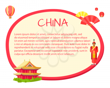 China information in round isolated tag with traditional signs on white. Round label with red edge and traditional oriental house, ancient soldier on it, yellow and red fans, colourful air-balloon