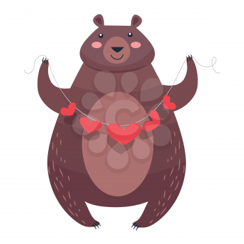 Bear with a necklace of hearts isolated on white. Teddy bear with pink cheeks holding garland of red hearts. Valentine s Day greeting card design with animal. Vector illustration love concept