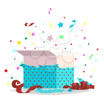 Open blue dotted gift box with bow and stars that pop-up out of it on white. Salute fireworks elements behind the box with surprise. Celebrate holidays and exchange gifts isolated vector illustration.