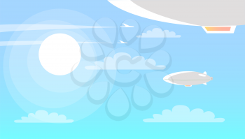 Airships flying in blue clear sky with clouds and brightly shining sun. Lighter-than-air aircraft that can navigate through air under its own power vector illustration with white dirigible balloons