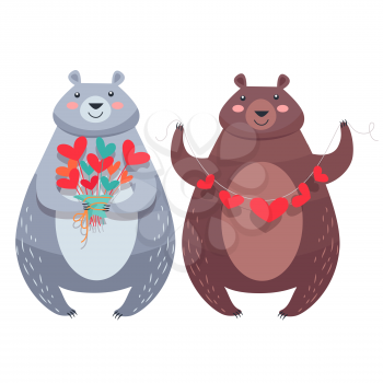 Bear with necklace of hearts and woman bear with flowers isolated on white. Teddy bears lovers with cartoon hearts. Valentine s Day greeting card design with animals. Vector illustration love concept