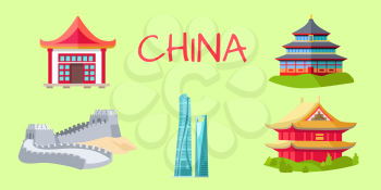 China travelling elements for tourists on green background. Vector illustration of Great wall of China, High skyscraper and traditional buildings. Poster of small colourful sightseeing symbols