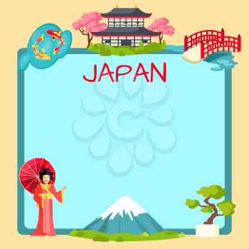 Japan vector poster with oriental elements and empty shape for notes. Tag with inscription in center of picture, woman in japanese clothes with umbrella, national building and sakura below, mountains