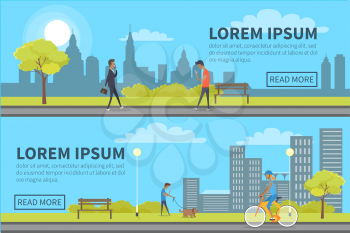 Web banner of people spending time in park with buildings on background. Vector illustration of businessman talking over cellphone, walking boy with smartphone, man with dog and girl riding a bike