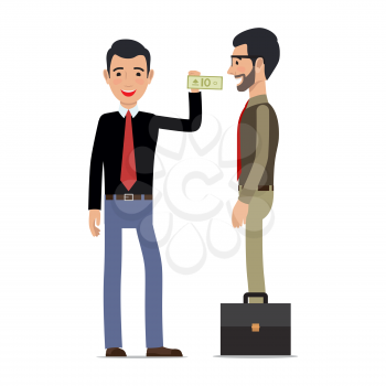 Two men make a transaction on white background. Man gives money banknote to another male making purchase. Vector illustration businessman career people buying something isolated on white
